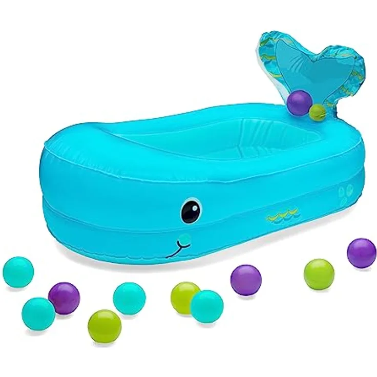 Infantino Aufblasbare Badewanne mit Wal-Schaumbad – Gemütlicher Badplatz mit 10 schwimmenden Bällen, Jingle Tail & Wärmeanzeige für Babys 6–24 m