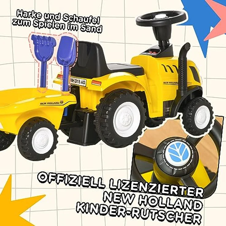 HOMCOM Kinder Rutschauto New Holland Rutscherfahrzeug Gelb mit Hupe und Ladebox – Bild 3