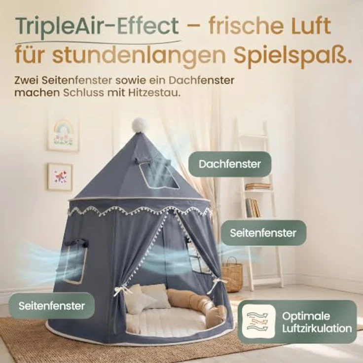 ALRITHO® Spielzelt Kinder, Silky-Cotton in Nachtgrau 110x110x130cm, Indoor-Kuschelhöhle mit TripleAir-Effect und gemütlicher Bodenmatte, inkl. Tragetasche – Bild 3