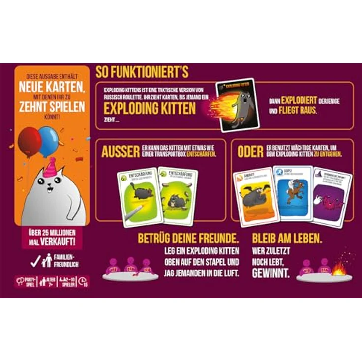 Exploding Kittens Spiel, Mehrfarbig, Bunt - Party-Pack für 2-10 Spieler, ab 7 Jahren, 15 Minuten Spielzeit – Bild 4