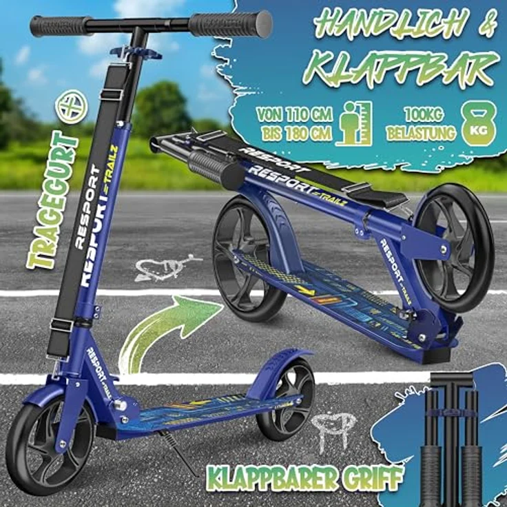 RE:SPORT Cityroller RE:SPORT® Trailz Scooter, höhenverstellbar & klappbar, 200mm große Räder, inkl. Tragegurt und Klingel, max. Belastbarkeit 100 kg – Bild 2