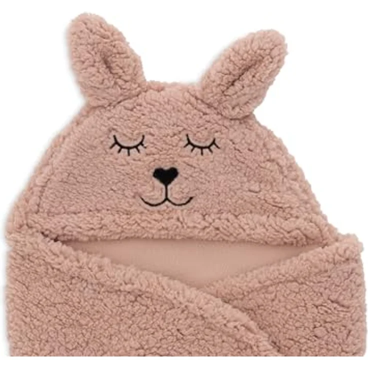 Jollein Einschlagdecke für Babyschale Bunny, flauschiges Kunstfell, weiches Innenmaterial, süßes Häschengesicht, Polyester, 100%, weiß – Bild 5