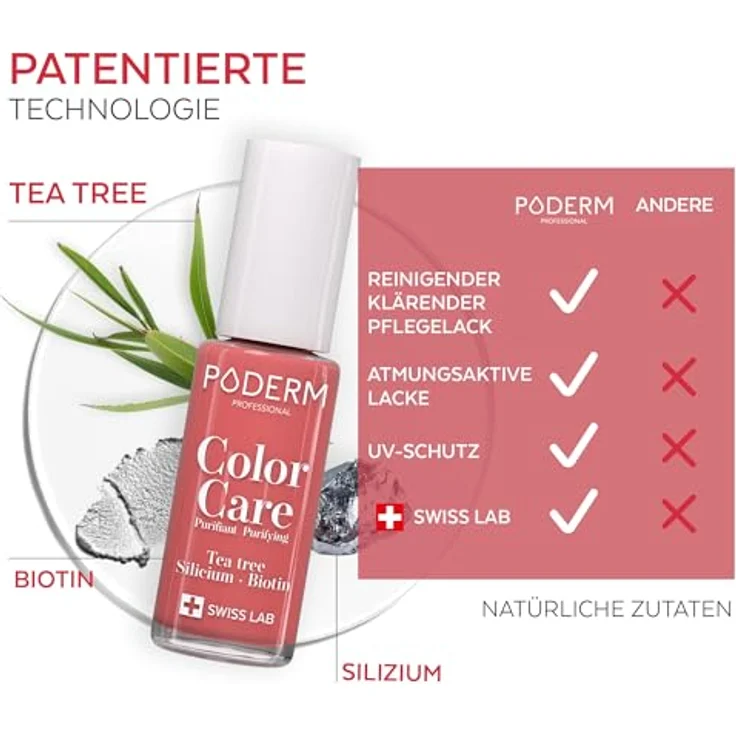 PODERM Vernis Color Care 273 Rouge Corail, 8 ml, Wirkstoffhaltiger Nagellack mit Teebaumöl zur Nagelpflege und Farbkorrektur – Bild 4