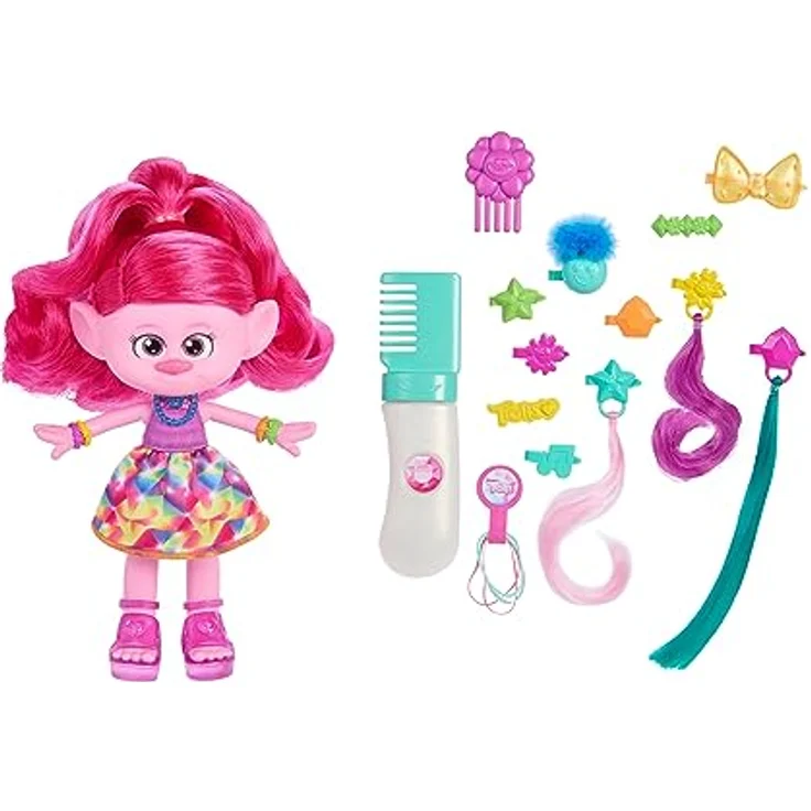 DREAMWORKS TROLLS Gemeinsam Stark – Haar-tastische Königin Poppy-Modepuppe - 15+ Zubehörteile, Glitzerkamm, herauswaschbares Glitzergel, für Kinder ab 3 Jahren, HNF25 – Bild 1
