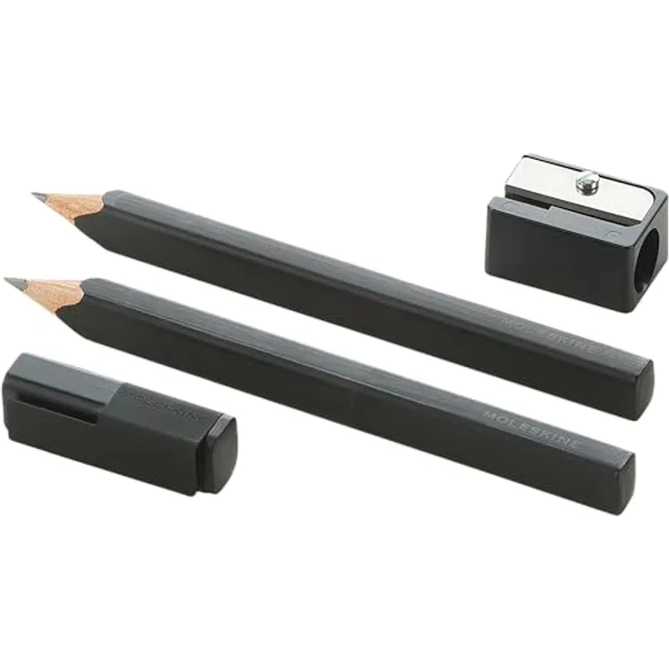 MOLESKINE Bleistift-Set schwarz, 2 Bleistifte mit Kappe und Anspitzer, Zedernholz, 3 mm Mine (2B/HB)
