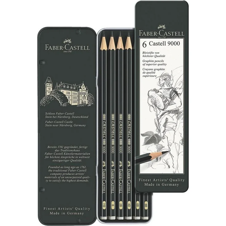 Faber-Castell Bleistift CASTELL 9000, 6-tlg. Set mit Härtegraden HB, B, 2B, 4B, 6B, 8B im Metalletui, bruchfeste Mine – Bild 1