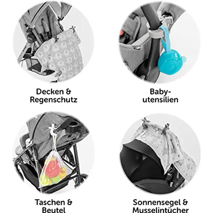 Zamboo Universal Kinderwagen Klammern 6 Stück - Haken/Clips zur Befestigung von Spielzeug, Spucktüchern und Kleidung an Buggy, Kinderwagen oder Babyschale - Grau Weiß – Bild 4