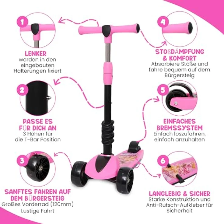 Habib Gruppe 3-in-1 Kinderroller mit Sitz, Dreirad Tretroller, Faltbar, Höhenverstellbar, LED Räder, Pink, für Kinder ab 3 Jahren (bis 50kg) – Bild 2