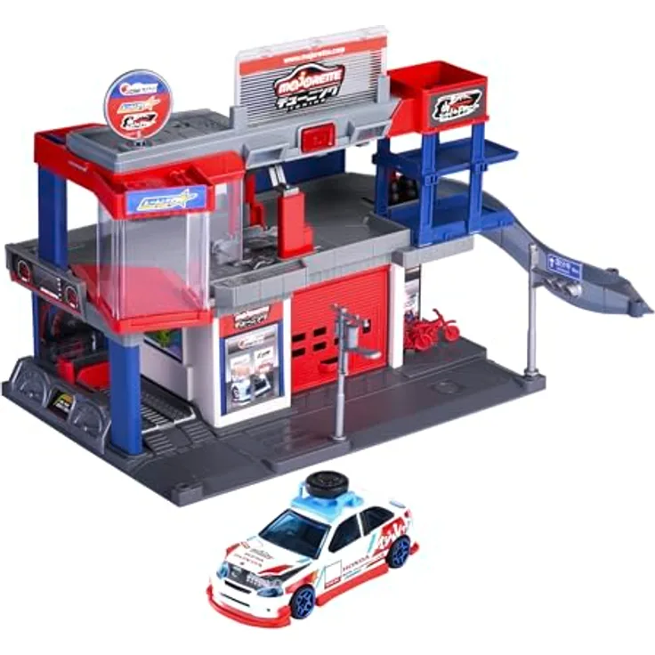 Majorette Japan Series Tuning-Parkhaus, 2-stöckige Parkgarage mit Aufzug, Rampe, Licht und Sound, inklusive Tuning-Auto Honda Civic Type R EK9, für Kinder ab 5 Jahren (45,5x35,5 cm)
