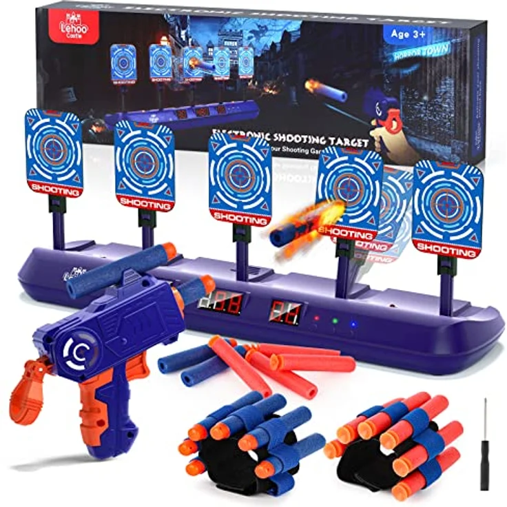 Lehoo Castle Elektrische Zielscheibe mit Spielzeugpistole, 5 Klappziele, 20 Schaumstoffdarts, Automatisches Punktesystem, Geeignet für Kinder ab 6 Jahren – Bild 1