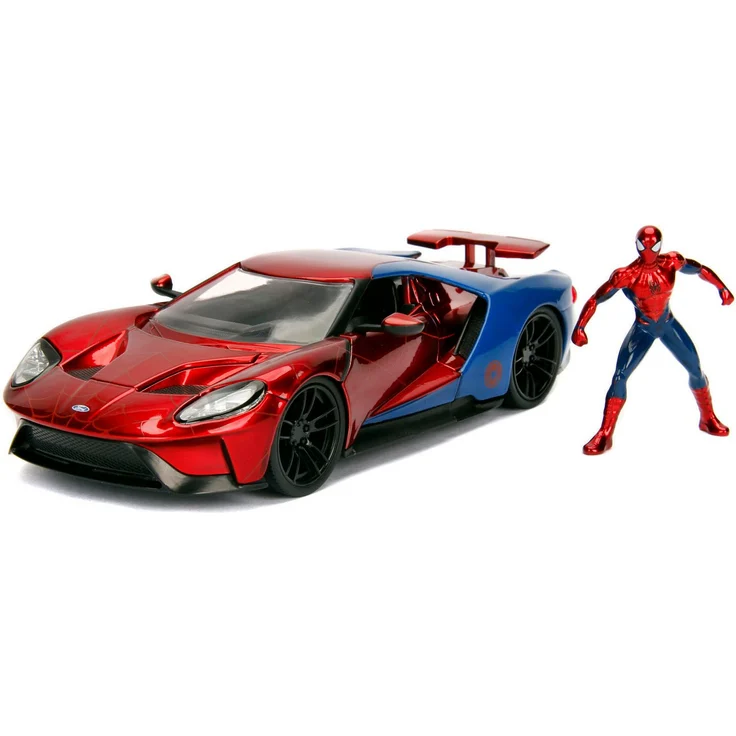JADA Spielzeug-Auto Marvel Spiderman 2017 Ford GT 1:24, Metall mit Flügeltüren und Spider-Man Figur, rot-blau