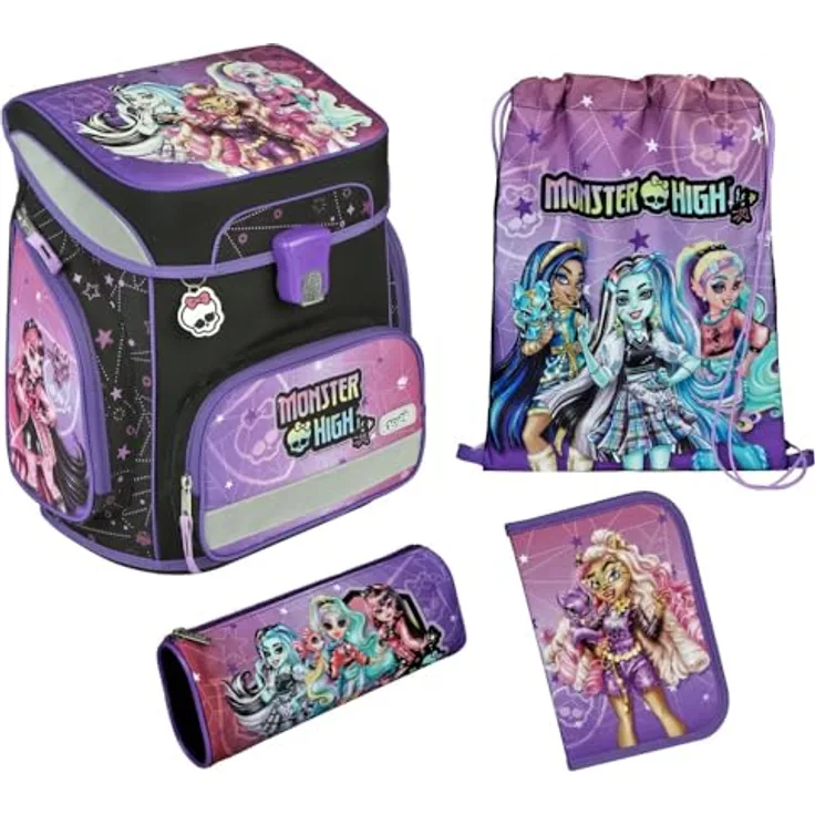 Scooli EasyFit Schulranzen-Set 5-teilig mit reflektierenden Flächen, ergonomisches Tragesystem, Monster High