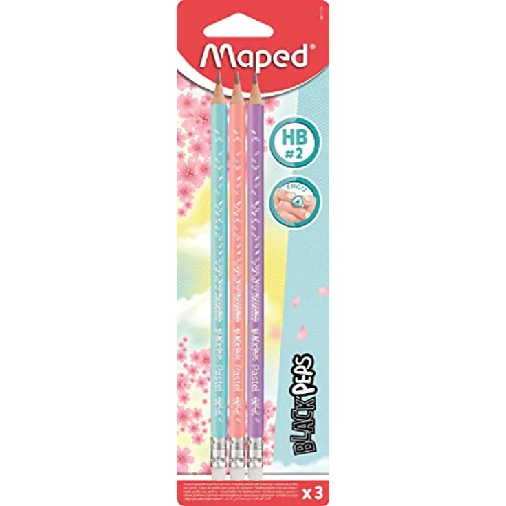 Maped Black Peps Pastel HB-Bleistifte in Schwarz, mit Radiergummi, 3er Packung, 1 stück (3er Pack)