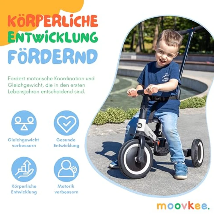 moovkee Dreirad ab 1 Jahr mit Schubstange 6in1 - Laufrad ab 1 Jahr - Baby Fahrrad, Stahlrahmen, Gummiräder, 9 Zoll Vorderrad - Blau – Bild 2