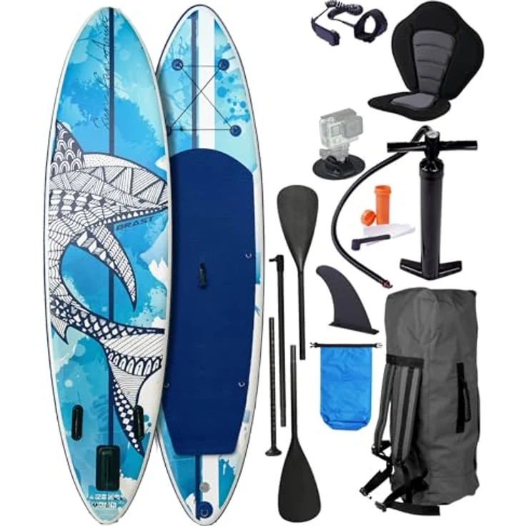 BRAST® SUP Board Shark, Aufblasbares Stand Up Paddle Set, 320x81x15cm, bis 140kg tragbar, inkl. Kajaksitz und Zubehör, 8 Designs, 5 Jahre Garantie – Bild 1