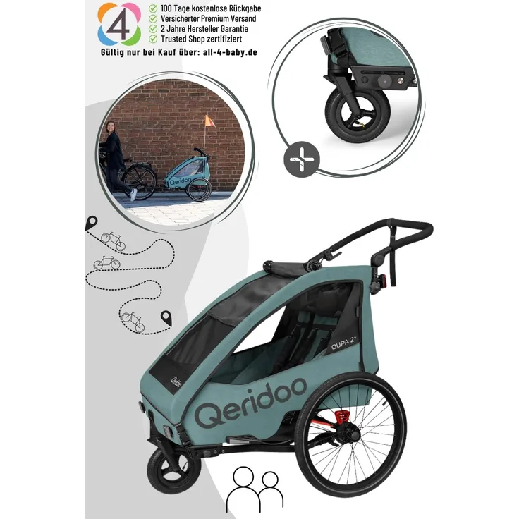 Qeridoo Qupa Plus 2, Kinderfahrradanhänger für 2 Kinder, sicher und komfortabel, Mineral Blue