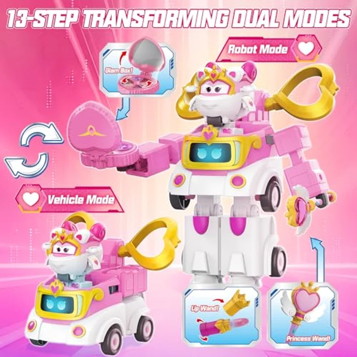 Super Wings Verwandlungsroboter Sara, 15,5 cm 2-in-1 Fahrzeugspielzeug mit 5 cm Figur, rosa, für Kinder ab 3 Jahren – Bild 2