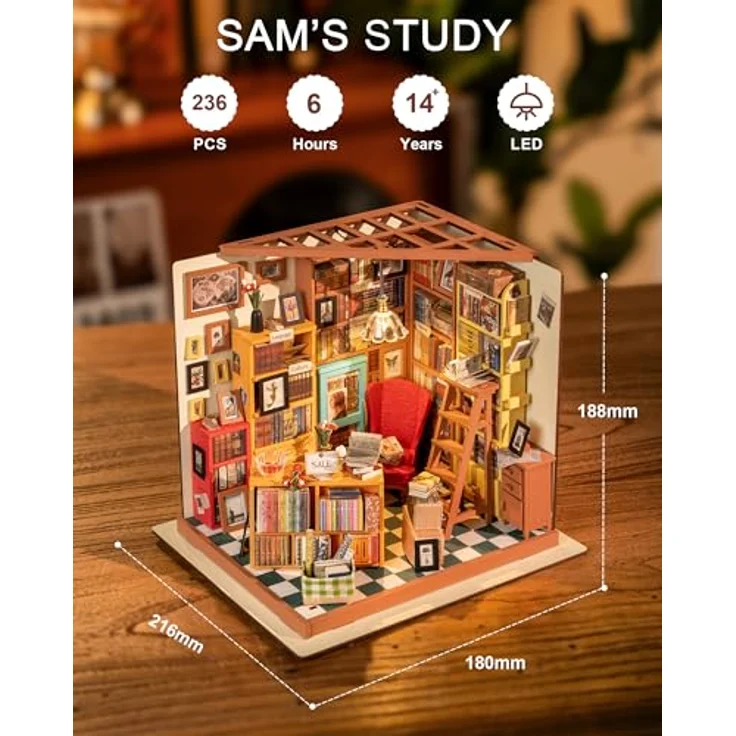 Rolife Sam's Study Miniatur Puppenhaus Kit, DIY Holz Bibliothek mit LED-Licht und Englischer Anleitung für Kinder und Jugendliche 14-17 Jahre – Bild 3
