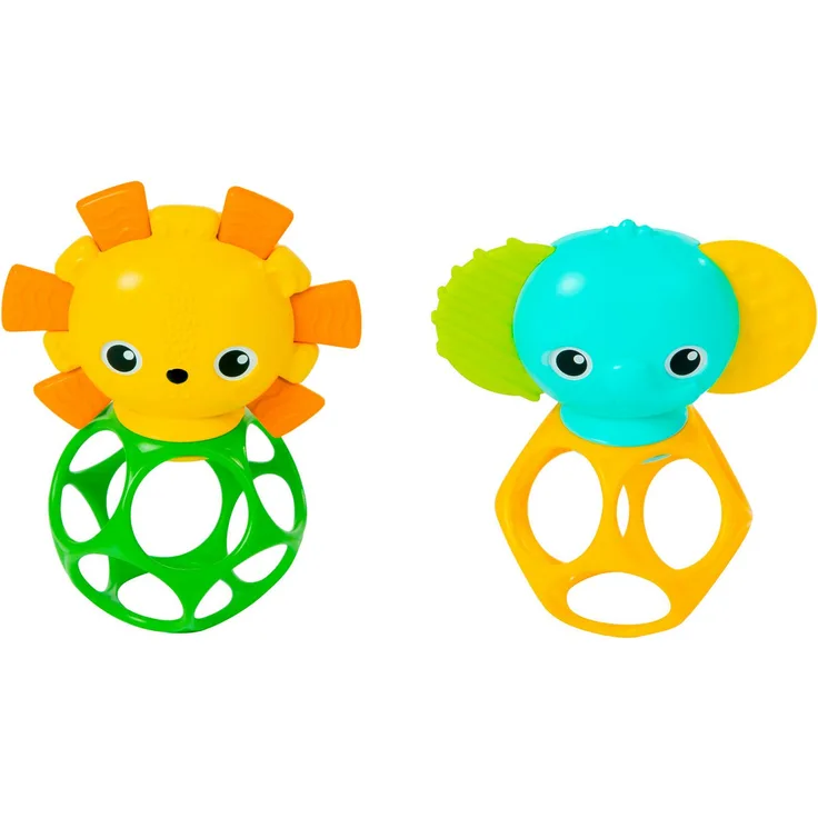 Bright Starts Soother Pals, 2er Pack Greifspielzeug mit Beißringen Löwe und Elefant, fördert Feinmotorik und Selbstentdeckung