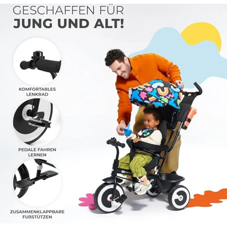 Kinderkraft Aston Dreirad, Kinderdreirad mit drehbarem Sitz, Schubstange, ausklappbarem Verdeck und Sonnenschutz, ab 9 Monate bis 25 kg, Happy Shapes – Bild 3