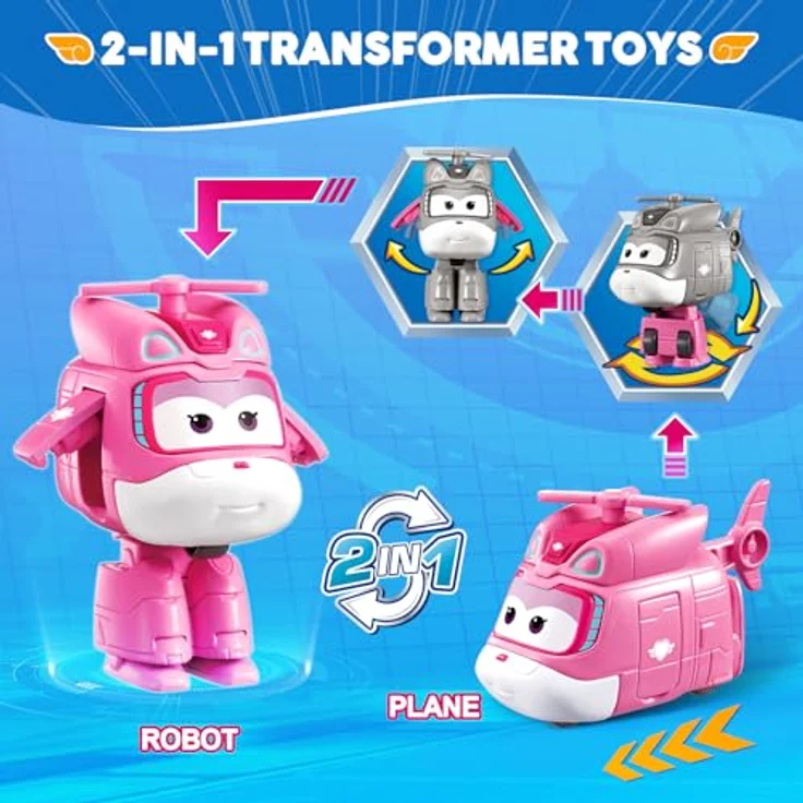 Super Wings Super Wing Transformer Spielzeug Dizzy, 2 in 1 Action Figur, 5 cm großes Flugzeug-Roboter-Spielzeug für Jungen und Mädchen ab 3 Jahren, rosa – Bild 2