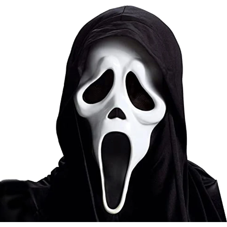 Fun World Ghostface Scream Maske, originale Halloween Verkleidungsmaske mit angenähter schwarzer Stoffkapuze – Bild 2
