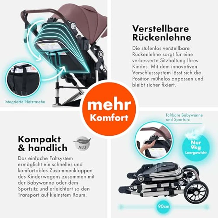 Daliya® NEOMOVE 2in1 Kombi-Kinderwagen, Buggy mit klappbarer Babywanne und Sportsitz, große pannensichere Räder, stufenlos verstellbare Rückenlehne, leichter Alu-Rahmen, großer Einkaufskorb, Silber-Violett – Bild 4
