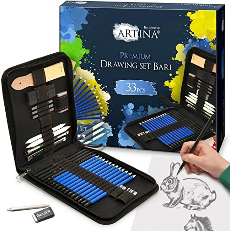Artina 33tlg Bleistifte Set Bari - Zeichenset Zeichenstifte mit 12 Bleistiften, 3 Kohlestiften, 1 Graphitstift - Skizzierstifte Set mit viel Zubehör & Tasche - Bleistifte Set zum Zeichnen – Bild 1