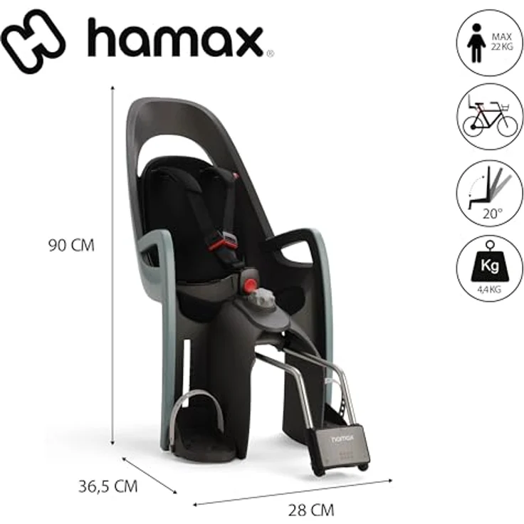 HAMAX 553102 Caress Fahrrad-Kindersitz, Befestigung Rahmenrohr, grün/schwarz, 20° Ergonomische Schlafposition, verstellbare Sitzlehne, integrierte Polsterung, neues Fußstützensystem – Bild 3