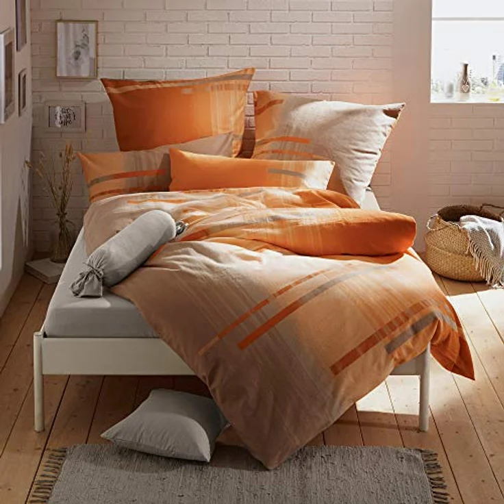 Erwin Müller Bettwäsche, Bettgarnitur Flanell orange-Taupe Größe 135x200 cm (40x80 cm) - flauschig warm, temparaturausgleichend, pflegeleicht, mit praktischem Reißverschluss (weitere Größen) – Bild 3