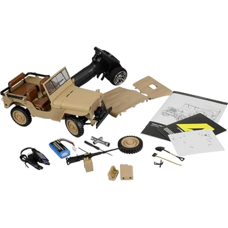 Amewi Ferngesteuerter Jeep Willys MB Scale Crawler 1:14 RTR, 4WD mit Seilwinde und LED-Beleuchtung, Sandfarben