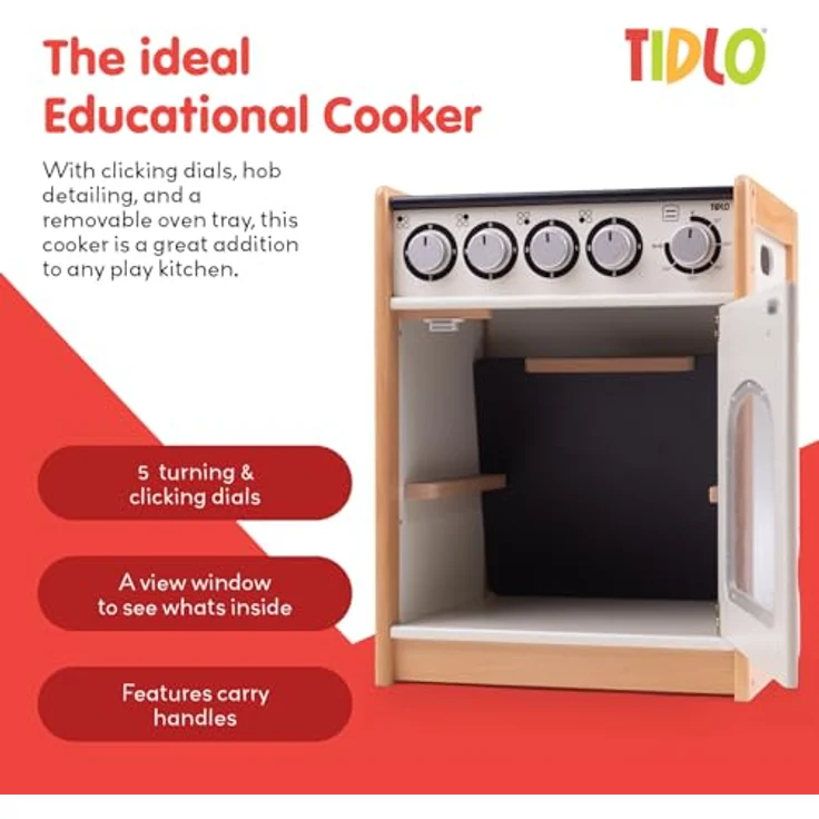 Tidlo T0301 Pretend Cooker, stabiler Holzherd mit herausnehmbarem Ofen und Klick Zifferblättern – Bild 2