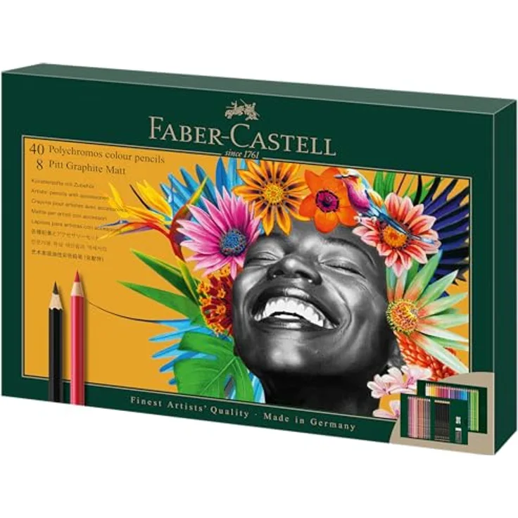 Faber-Castell Polychromos 210054, 40er Buntstifte-Set mit 3,8-mm-Minen, inklusive 8 Pitt Graphite Matt Bleistifte, Radiergummi und Anspitzer
