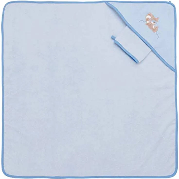 Nattou Kapuzenbadetuch und Waschhandschuh Waschbär Bob, 75 x 75 cm, Jim und Bob, Blau