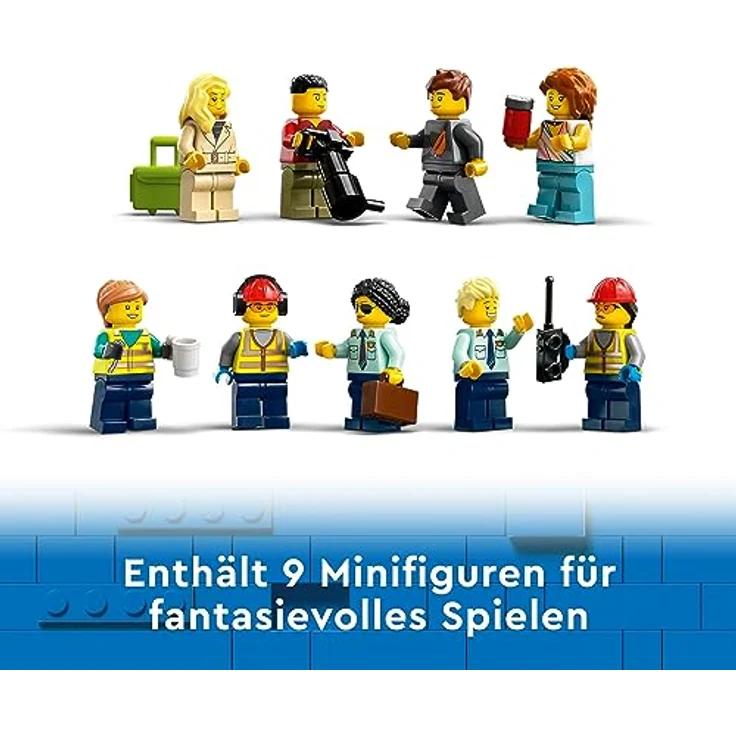 LEGO 60367 City Passagierflugzeug Spielzeug-Set, großes Flugzeug-Modell mit Fahrzeugen des Flughafen-Bodenpersonals: Vorfeldbus, Pushback-Schlepper, Catering-Lader, Gepäckwagen und 9 Minifiguren – Bild 4