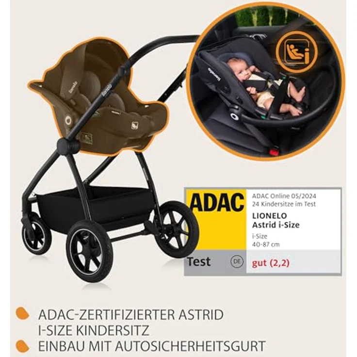 Lionelo Meril 3-in-1 Kombikinderwagen, XL-Babywanne bis 9 kg, ADAC-zertifizierter Kindersitz bis 13 kg, geländegängige Gummiräder, vollgefederte Konstruktion - Black – Bild 3