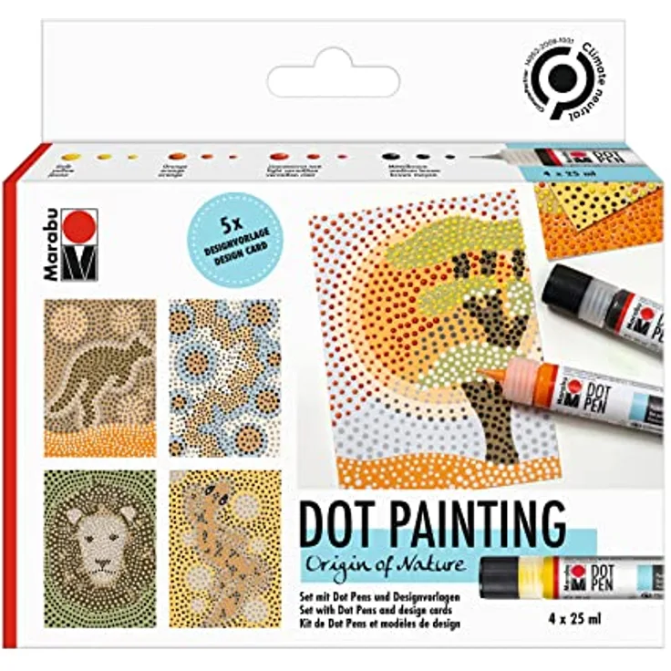 Marabu 1801000000080 - Dot Pen Set "Origin of Nature" 4 x 25 ml, Punktfarbe auf Wasserbasis für dotting Technik, trocknet matt & erhaben auf, für Mandala & Gestalten in der Dot Painting-Technik