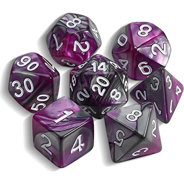 QMAY DND Dice Polyedrisches Würfel Set, 7 Stück für Dungeons und Dragons, Lila gemischtes Silber, inklusive D20, D12, D10, D%, D8, D6, D4, Acryl, wasserdicht und langlebig – Bild 1