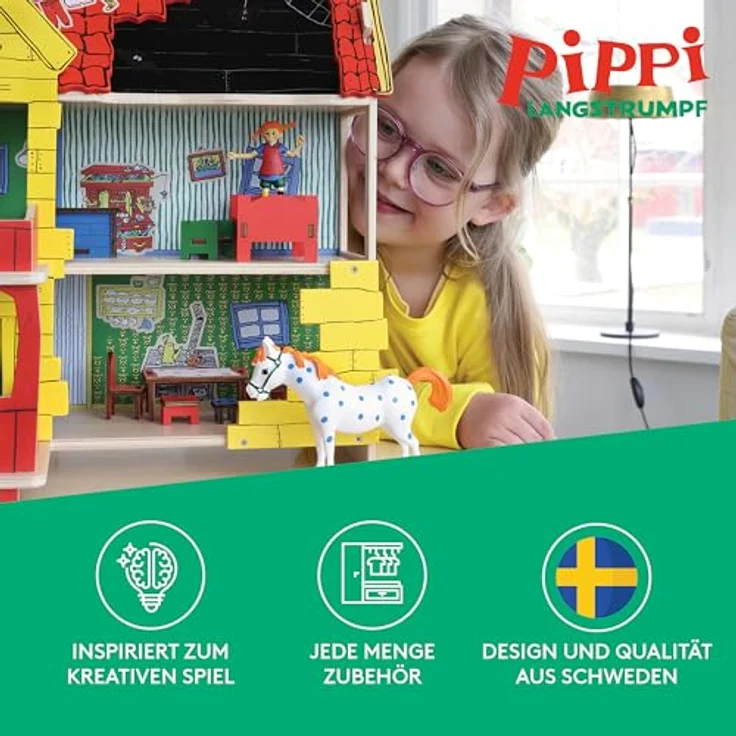 Pippi Langstrumpf Villa Kunterbunt Puppenhaus Bausatz aus Holz – 2-stöckiges Miniatur Haus – Spielzeug ab 4 Jahre – inkl. Veranda, Türen, Holztreppe, Leiter und Spielmatte, umweltfreundlich (MDF-Holzwerkstoff, Pappkarton) - Schwedisches Design – Bild 2