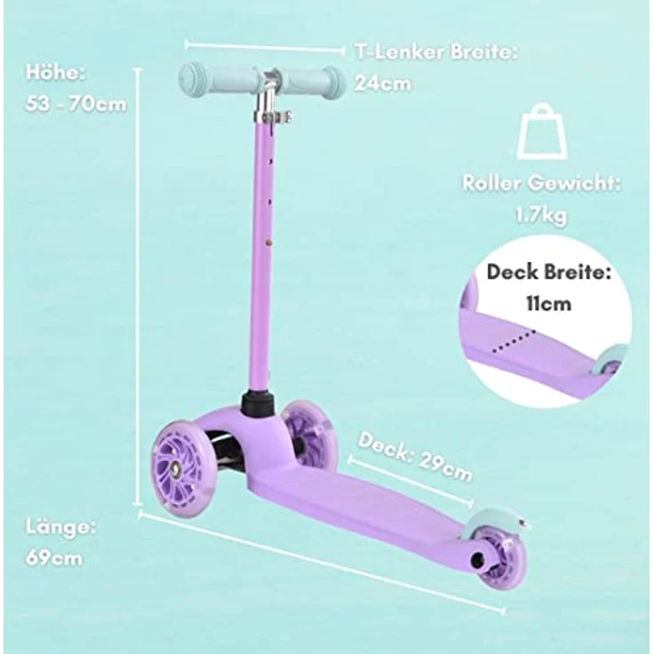 BOLDCUBE Teeny 3-Rad-Tretroller, verstellbarer Lenker, blinkende Räder, geeignet für 2-6 Jahre – Bild 6