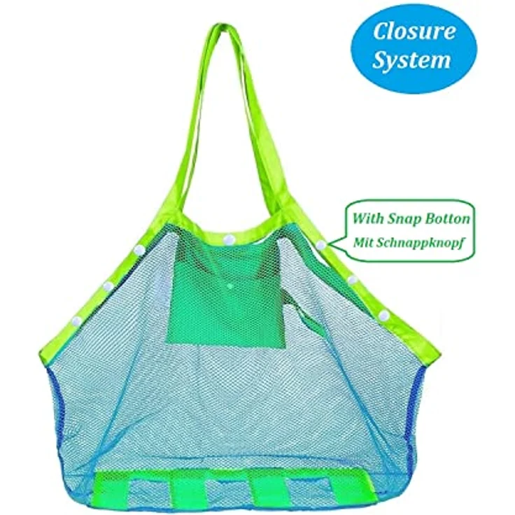 COOLGOEU Strandtasche Strandspielzeug Tasche XXL Groß für Sandspielzeug Wasserspielzeug für Kinder Aufräumsack Spielsack Badetasche Beachbag Faltbar für Familie Urlaub (Blau Mesh/Grün Strap) – Bild 3