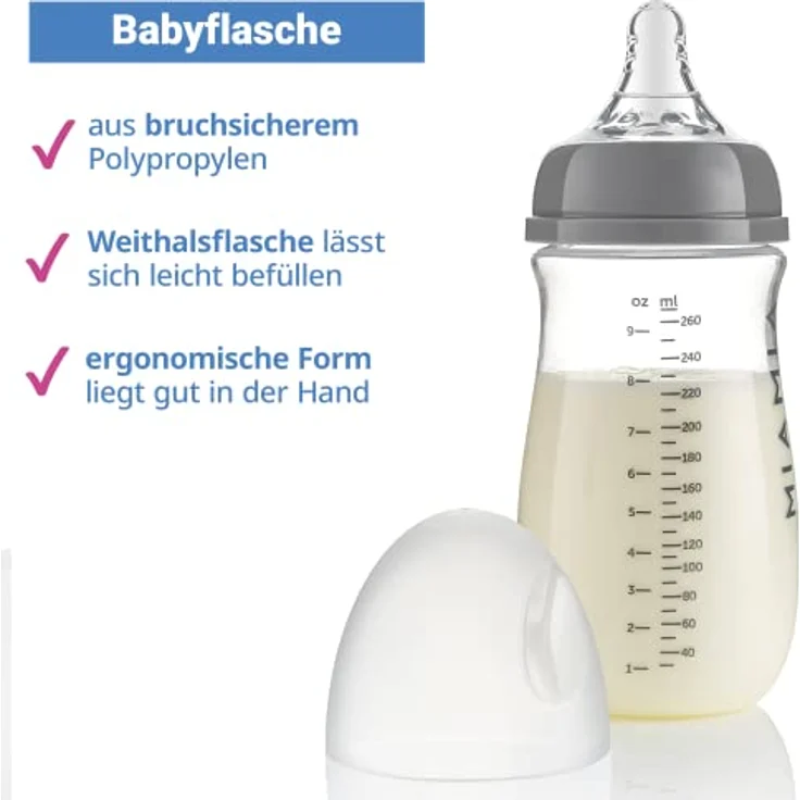 MiaMia 2x Babyflasche 260ml mit Anti Kolik Sauger Größe S - 2 große PP Flaschen mit Silikonsaugern - Transparent Grau – Bild 4