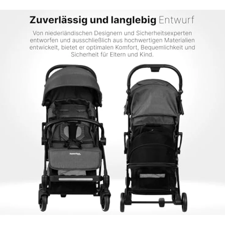 Hamilton by Yoop XL Kinderwagen – Premium Buggy mit MagicFold™ - Extra großer Gepäckraum – Verstellbarer Griff – Mit Becherhalter – Leichter und wendiger buggy - Melange dunkelgrau – Bild 2