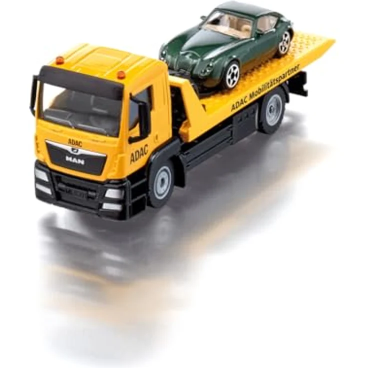 siku MAN Abschleppwagen ADAC, 1:55, Metall/Kunststoff, Gelb, Ausziehbare Seilwinde, Kipp- und absenkbare Transportplattform – Bild 1
