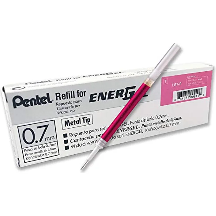 Pentel LR7-P Ersatzminen für EnerGel Gelsschreiber, 0,7 mm Metallspitze, rosa Tinte, 12 Stück