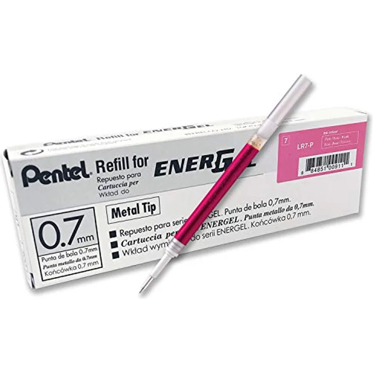 Pentel LR7-P Ersatzminen für EnerGel Gelsschreiber, 0,7 mm Metallspitze, rosa Tinte, 12 Stück – Bild 1
