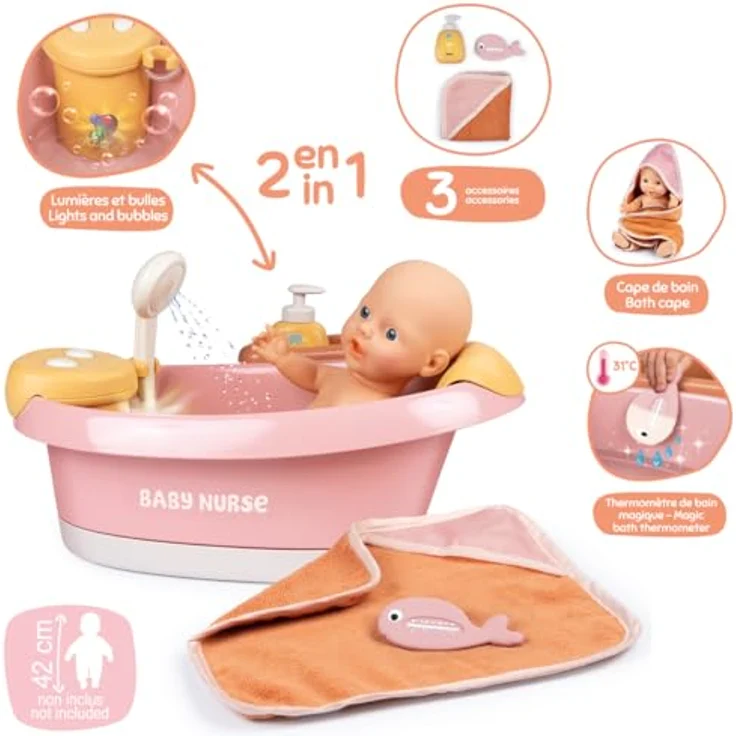 Smoby Baby Nurse Puppen-Badewanne, Elektronisches Spielmodul mit Wasserstrahlen, LED-Licht und Zubehör für Puppen bis 42 cm, Spielzeug für Kinder ab 3 Jahren – Bild 3