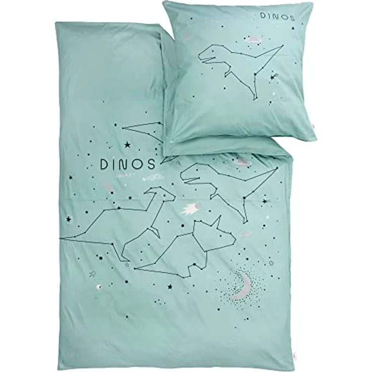 s.Oliver Kinderbettwäsche Dino 135x200 cm - 100% Baumwolle, praktischer Reißverschluss & maschinenwaschbar, Bettwäsche für Kinder Dinosaurier & Sterne 2tlg. Mint – Bild 4