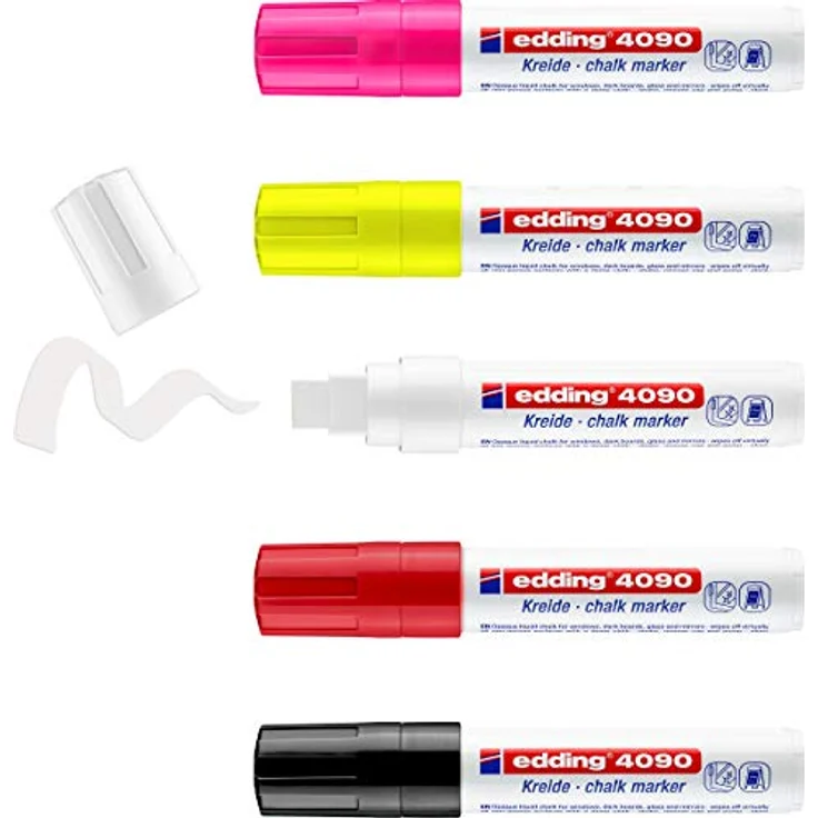 edding 4090 Kreidemarker - bunte Farben (basic) - 5 Stifte - Keilspitze 4-15mm - breiter Kreidestift für Tafel abwischbar - zum Beschriften von Fenster, Glas, Spiegel - Tafelstift mit deckenden Farben – Bild 1