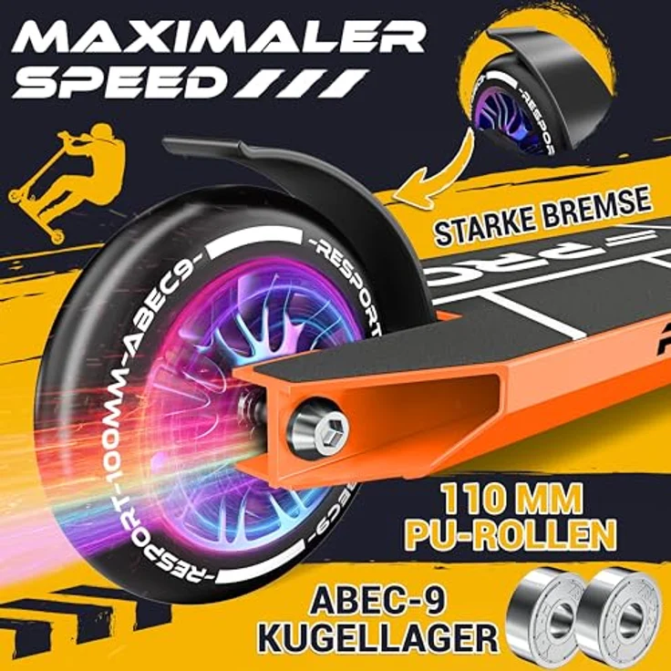 RE:SPORT REVO PRO Stunt Scooter, Profi Stuntroller mit 110mm PU Rädern, ABEC 9 Kugellager, Y-Bar, inkl. Ständer, für Kinder & Erwachsene – Bild 5